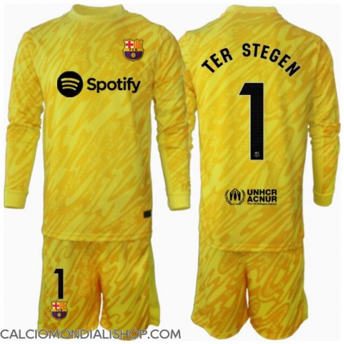 Maglie da calcio Barcelona Ter Stegen #1 Portiere Prima Maglia Bambino 2024-25 Manica Lunga (+ Pantaloni corti)